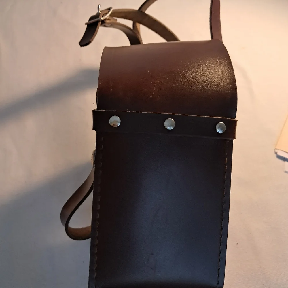 Vintage Leather Camera Case, long strap, brown, buckle straps inside, 4